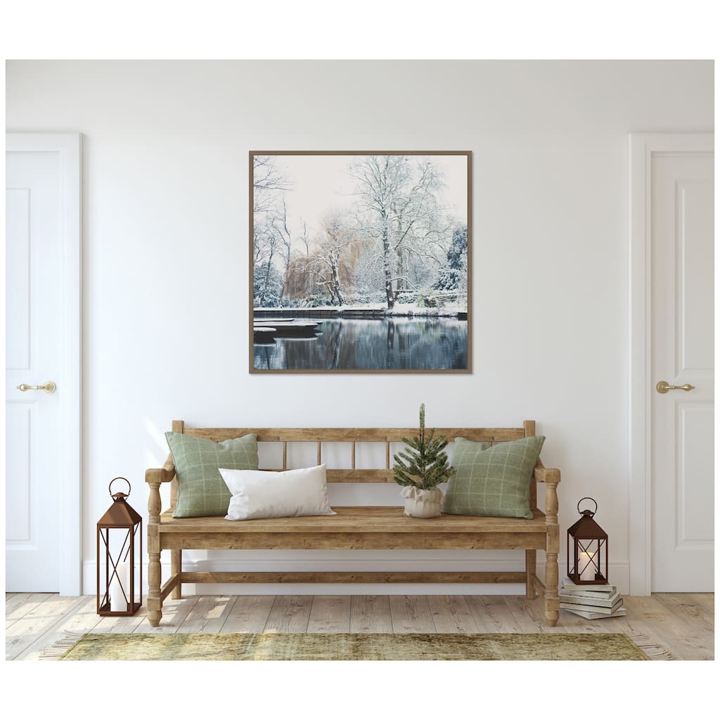 Kate and Laurel Sylvie Framed Canvas Snow Covered Punts on the River Cam by Laura Evans