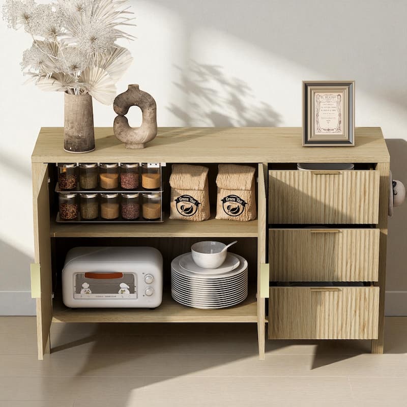 Modern Wave-Pattern Sideboard with 3 Drawers, Buffet Cabinet with Hooks & Center Leg for Living Room or Entryway