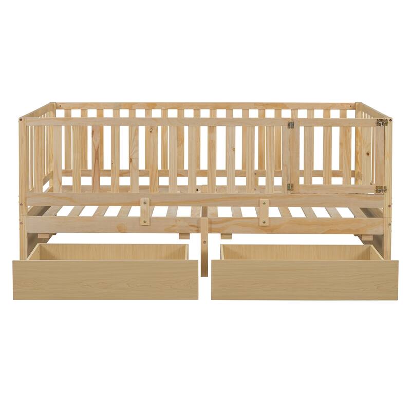 Pine Wood Daybed Floor Bed Frame with Fence Guardrails and 2 Drawers, Converts into Two Individual Beds, No Box Spring Needed