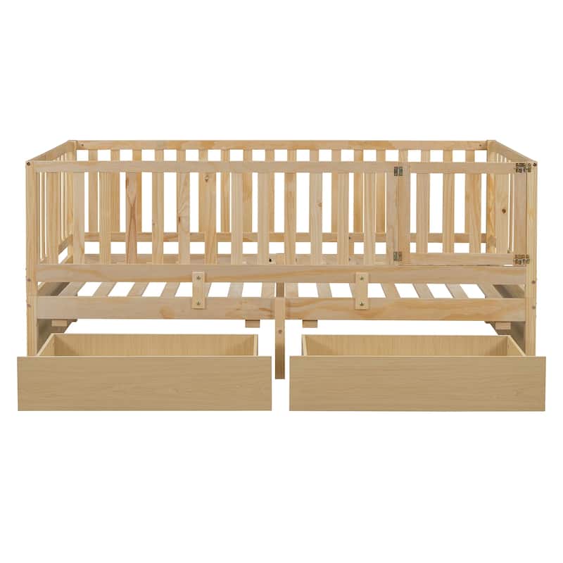 Wood Daybed with Fence Guardrails and 2 Drawers