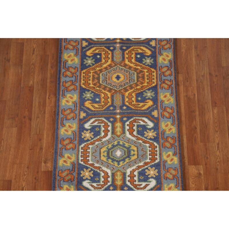 Blue Geometric Kazak Indian Runner Rug Handmade Wool Carpet - 2'7"x 9'9"