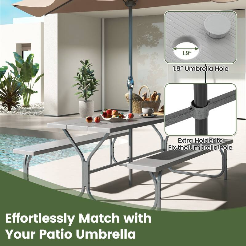72 Inch 8-Person Outdoor Picnic Table and Bench Set with HDPE Wood-Texture Top and with Built-in Umbrella Hole