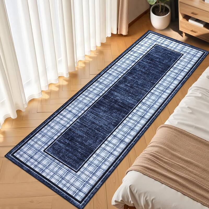 Modern Bordered Rug Farmhouse Plaid Area Rugs for Living Room Bedroom, Indoor Accent Carpet Home Decor - 2'x6' - Blue