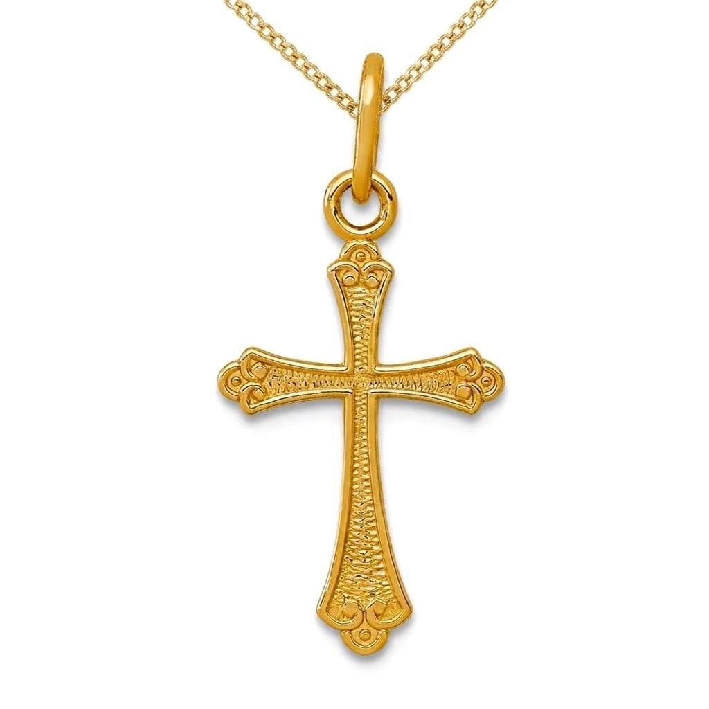 Curata 14k Yellow Gold 18" 22x15.5mm Small Textured Budded Cross Necklace