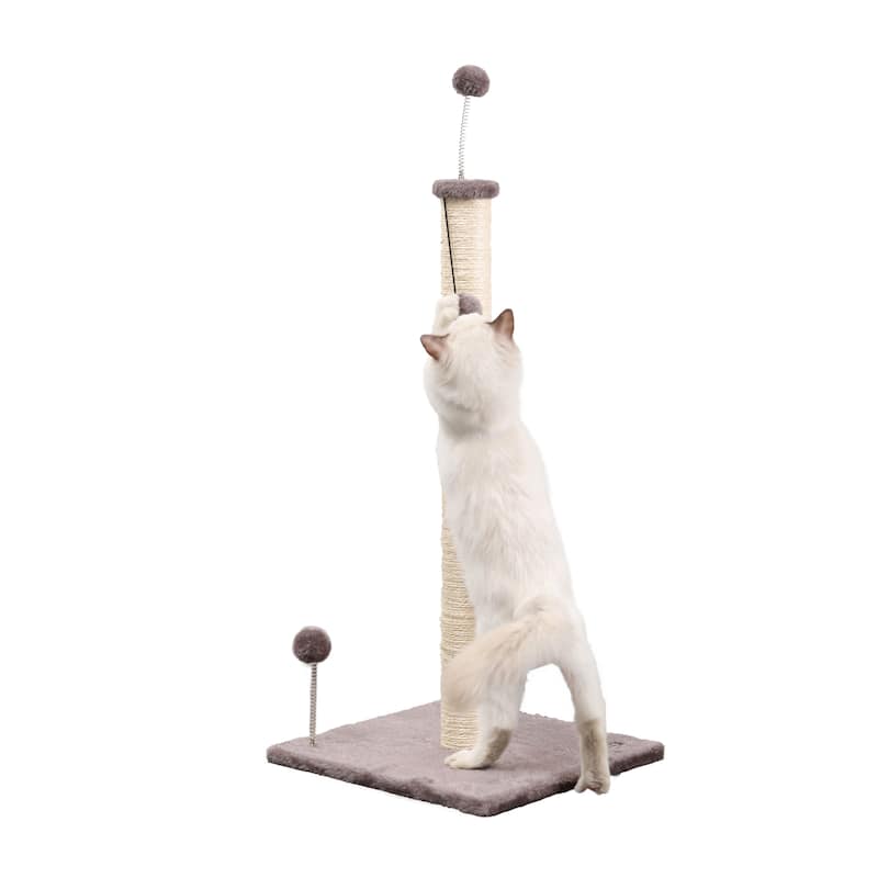 Rylie 38" Farmhouse Sisal Pillar Cat Scratching Post with Fuzzy Toys and Spring Balls, Gray/Cream