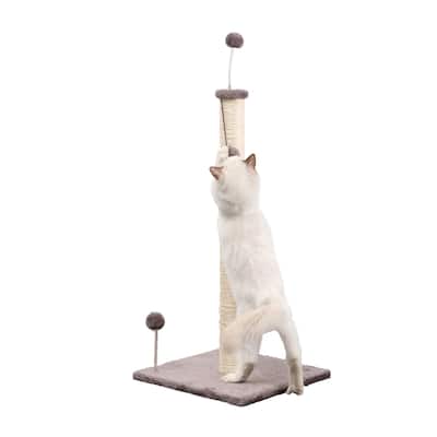 Rylie 38" Farmhouse Sisal Pillar Cat Scratching Post with Fuzzy Toys and Spring Balls, Gray/Cream