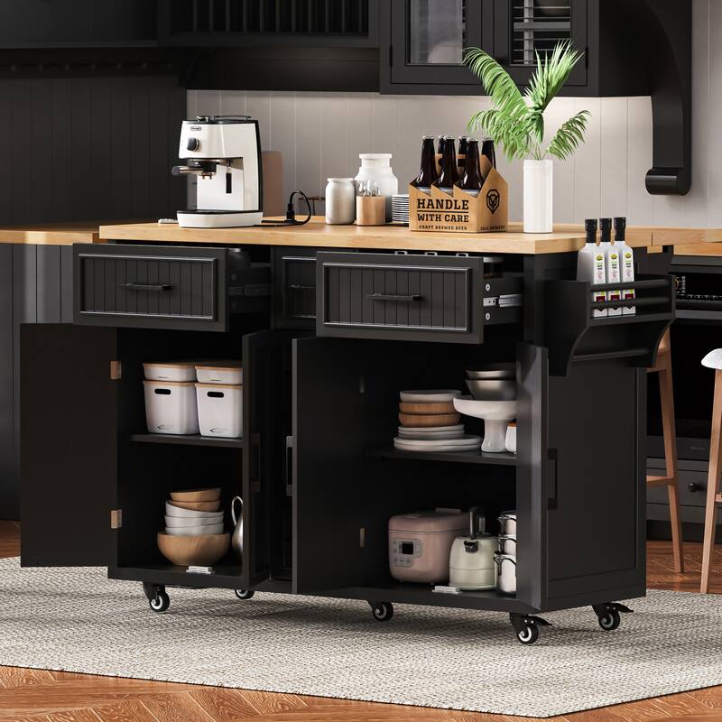 56.5" Kitchen Island with Drop Leaf, Power Outlet, Embossed Vertical Stripe Rolling Kitchen Cart on Wheels with 5 Drawers