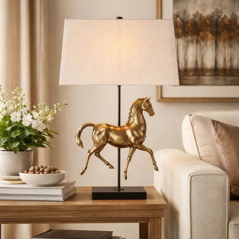 Horse Sculpture Table Lamp, Beige Linen Shade, 29 Inch Black Iron