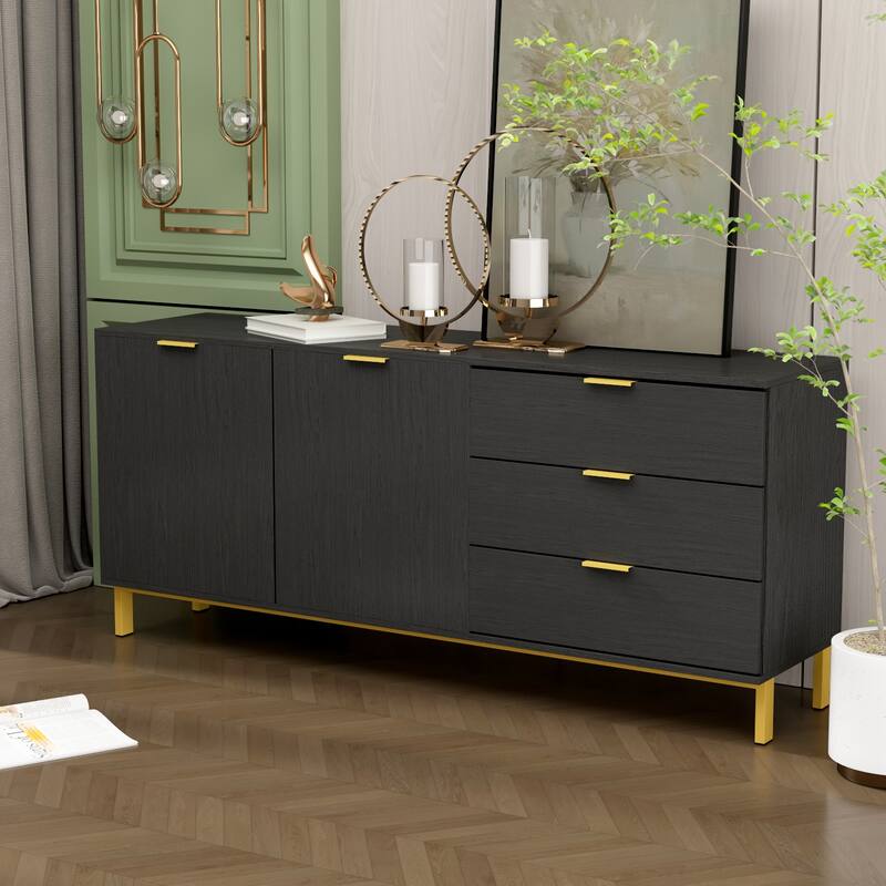 2 Door Large Storage Cabinet 3 Drawer TV Cabinet Buffet Sideboard - Black
