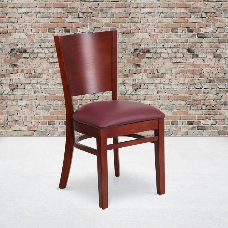 Solid Back Wooden Restaurant Chair - 17.25"W x 20.5"D x 33.5"H - burgundy vinyl seat/mahogany wood frame