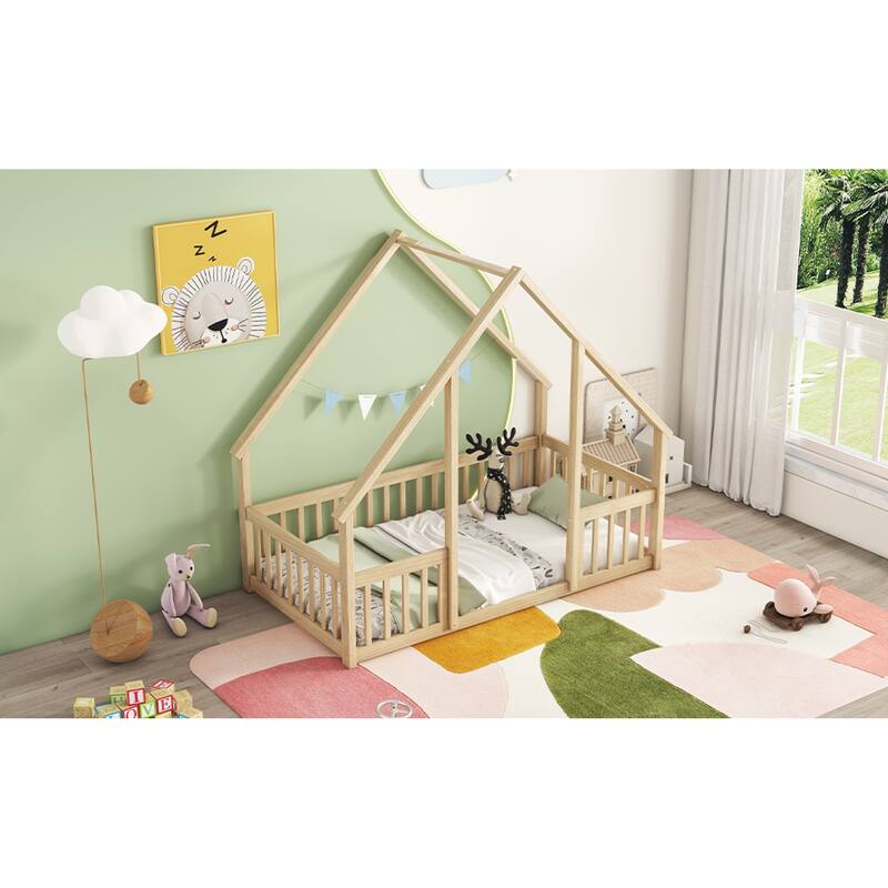 Roomfitters Twin/Full Wood House-Shaped Floor Bed with Fence and Guardrails, Low Profile Platform Bed, No Box Spring Needed