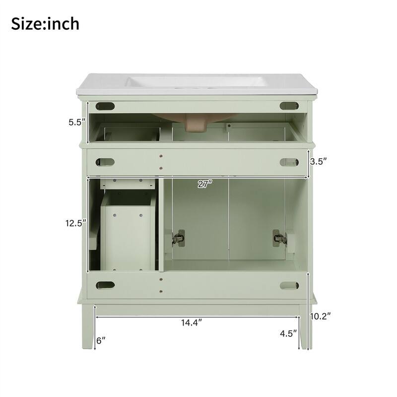 30" Bathroom Vanity with Ceramic Sink, Modern Bathroom Storage Cabinet with Soft-Close Doors, Deep Drawer & Standard Drawer