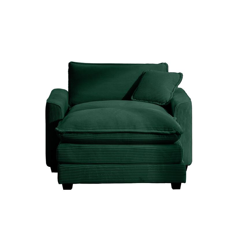 Corduroy Fabric Deep Seat Sofa with Ottoman, Single Deep Seat Accent Sofa Chair with Pillow for Livingroom