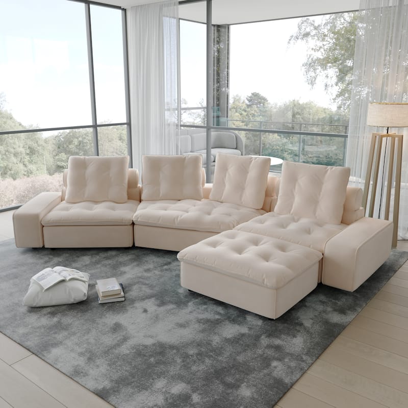 Stupendous Miami Modular Sofa Down Filled Curved Cloud Sectional Sofa 4 Seater with Ottoman - Beige 1