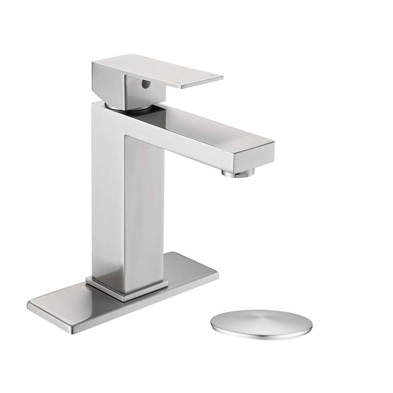 Modern Single Handle Bathroom Sink Faucet with Deck Plate and Drain Assembly, Fingerprint Resistant, Single Hole