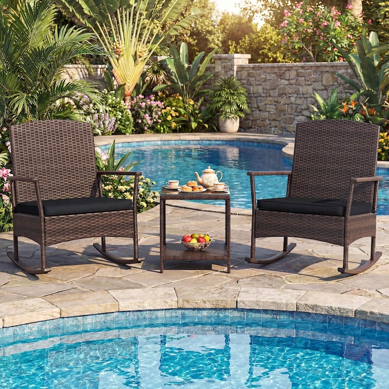 Costway 3 Piece Patio Rocking Set Wicker Rocking Chairs with 2-Tier - See Details - Black