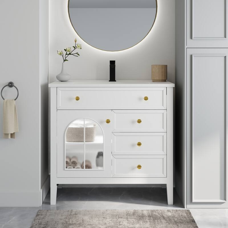 Freestanding 36" Bathroom Vanity Sink Cabinet with Motion-sensor Light Strip, Patterned Glass & Drawers