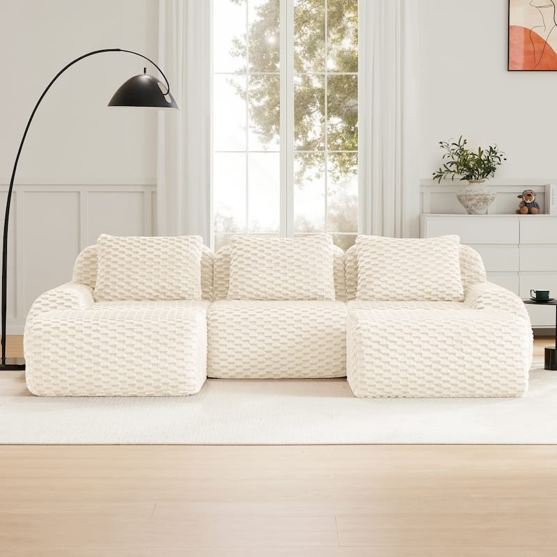 Roomfitters 114 Inch Modular Sectional Sofa, Oversized Flannelette 3-Seater, Cream