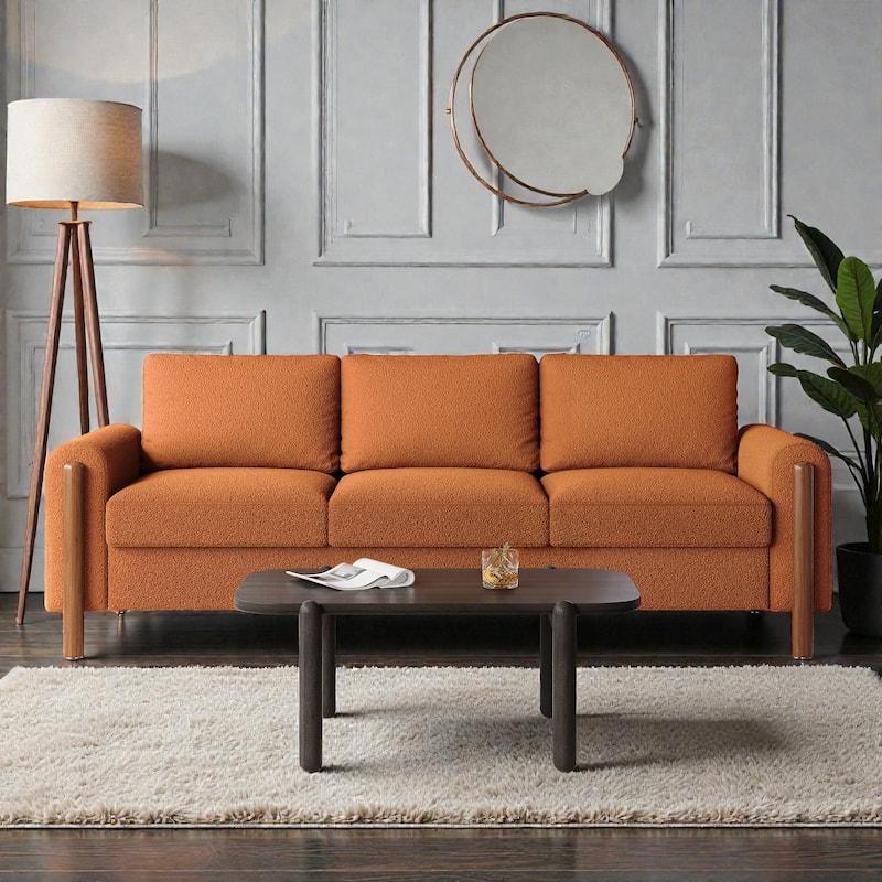 83.86 Inch 3-Seater Sofa with Curved Armrests, Teddy Velvet Upholstery, Solid Wood Legs, High Weight Capacity