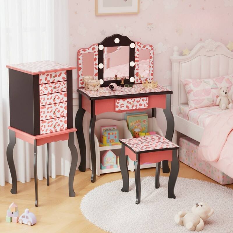 Kids MDF Vanity Table Set In Pink With 1 Drawer With 3-Color Dimmable LED Bulb - N/A
