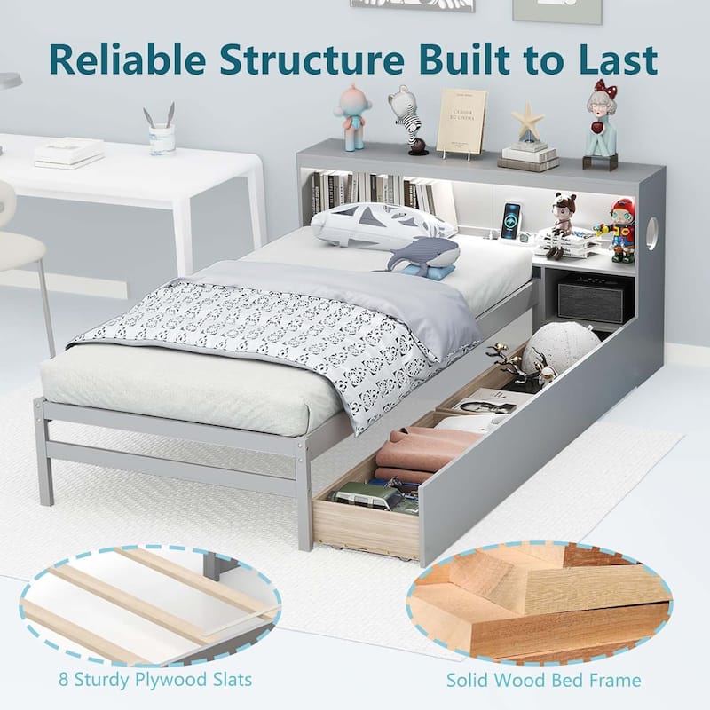 Twin Wood Platform Bed Frame w/2 Drawers & Charging Station