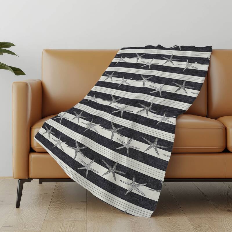 Premium Machine Washable ASB191 Starfish Stripe Sherpa Throw Blanket - Midnight - 4'2" x 5'10"