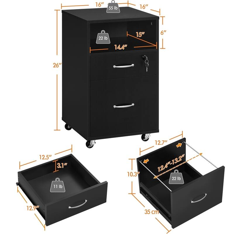 Yaheetech Rolling File Cabinet with 2 Drawers and 1 Open Shelf Filing Cabinet for Home Office
