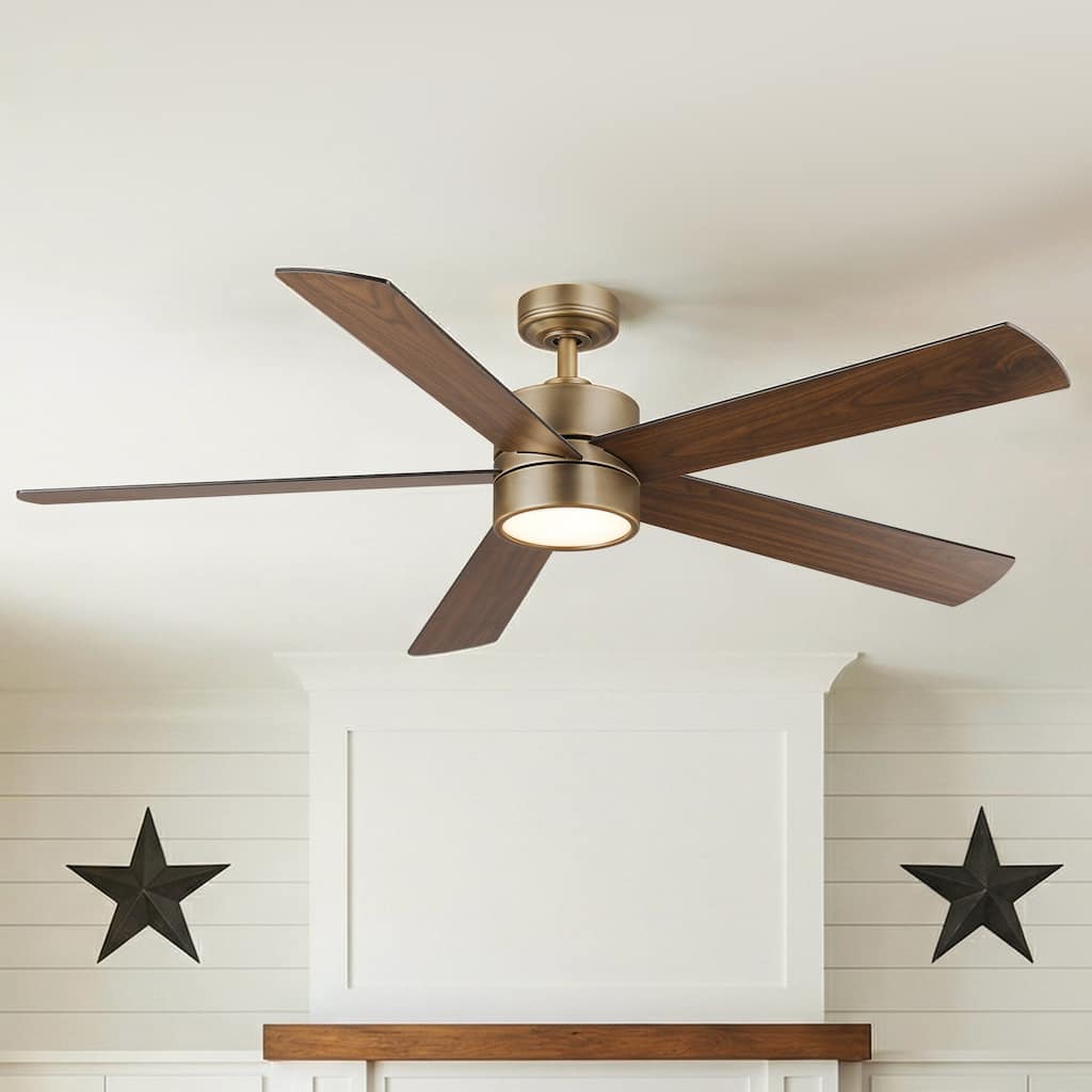 Parrot Uncle 60" Antique Brass Plywood Indoor LED Ceiling Fan with Dimmable Light and Remote