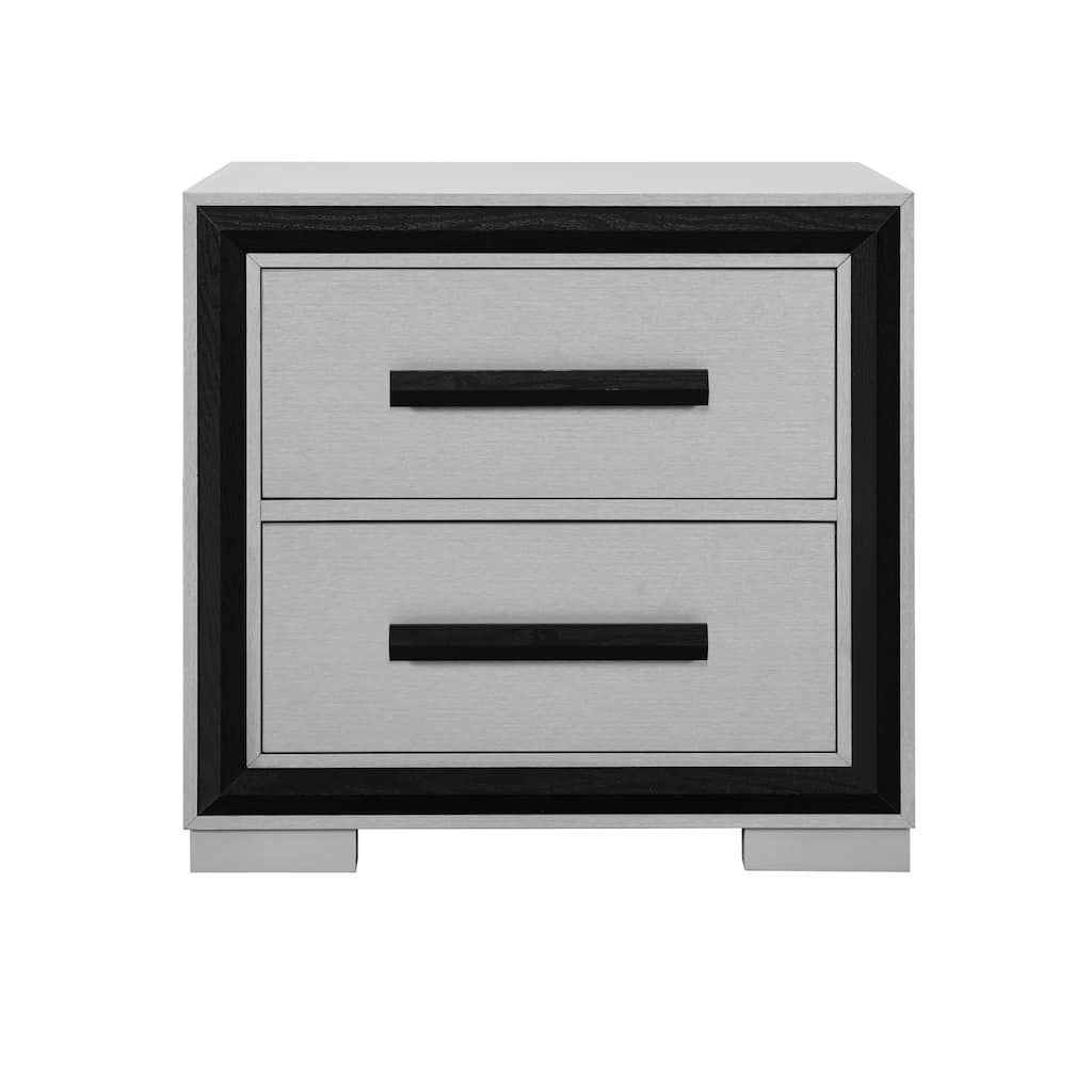 Sleek Silver Finish Nightstand with Black Drawer Pulls