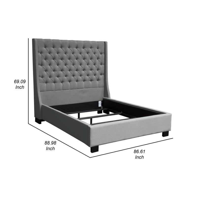 Zoa King Size Bed in Dark Gray Linen Upholstery, Wingback Headboard