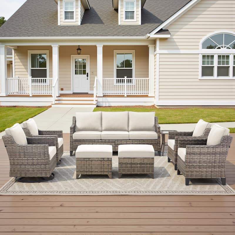 Glissia 8-Piece Gray Wicker Patio Conversation Set with Swivel Gliders and Ottomans - Beige Cushions - Gray Wicker