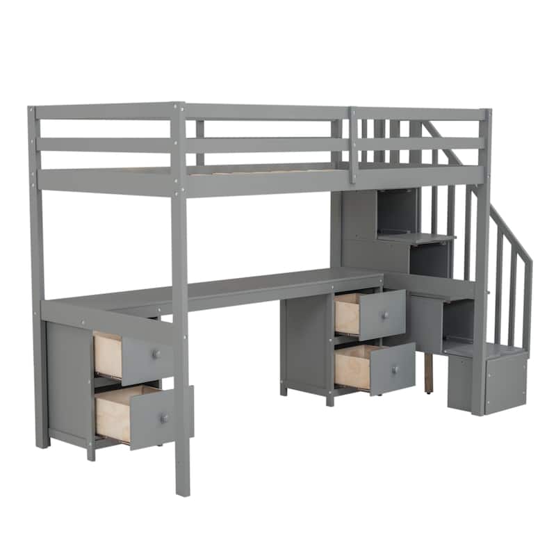 Twin Loft Bed with Built-in Desk and Double Storage Drawers, Gray