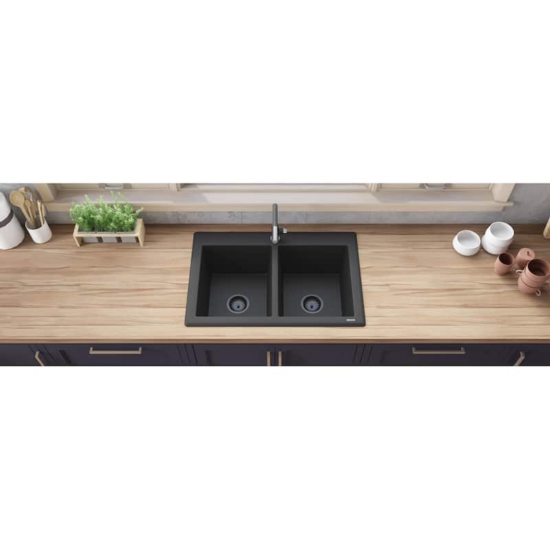 Ruvati 33 x 22 inch epiGranite Topmount Granite Composite Double Bowl Kitchen Sink - Midnight Black - RVG1388BK