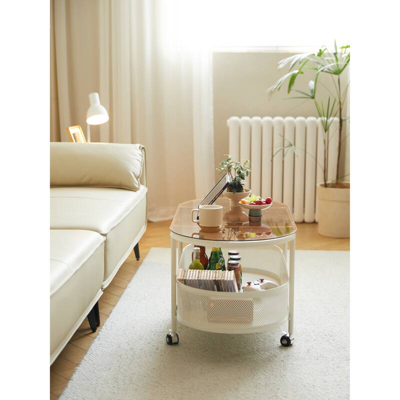 Movable oval metal glass coffee table with storage