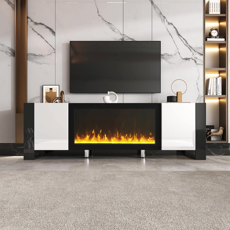 Glossy TV Stand with Non-Heating Electric Fireplace, 2 Cabinets