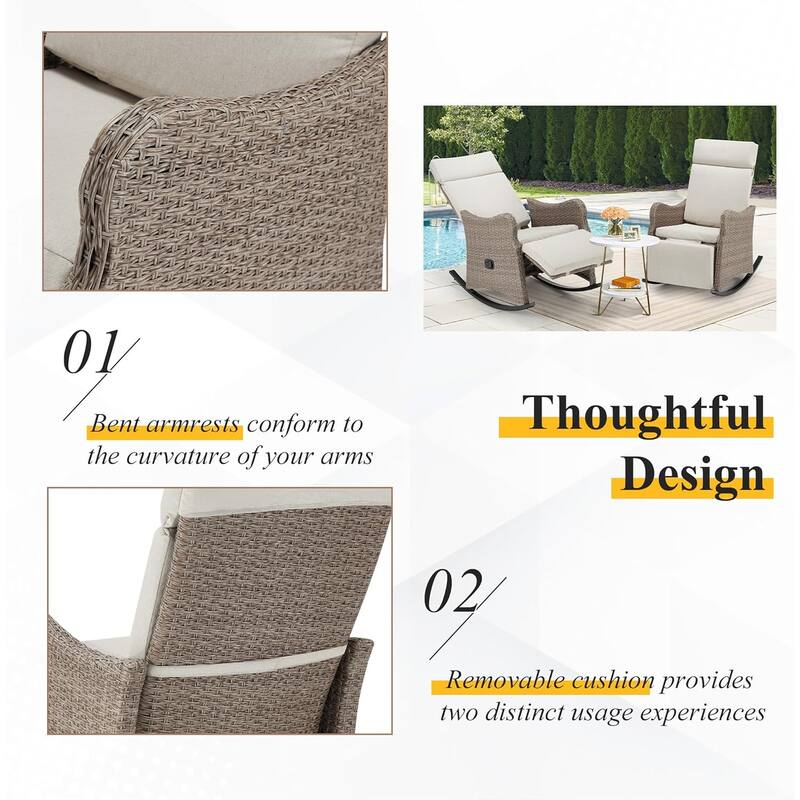 Outdoor Recliner Rocking Chairs with Soft Removable Cushions and Footrests