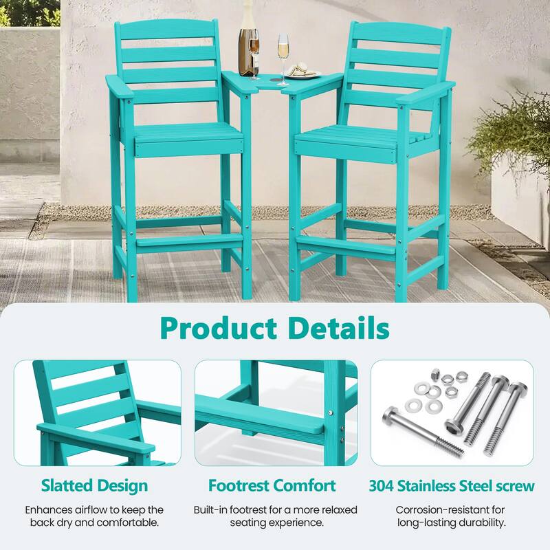 HDPE 2-Piece High Bar Stool Set with Umbrella-Compatible Connecting Panel