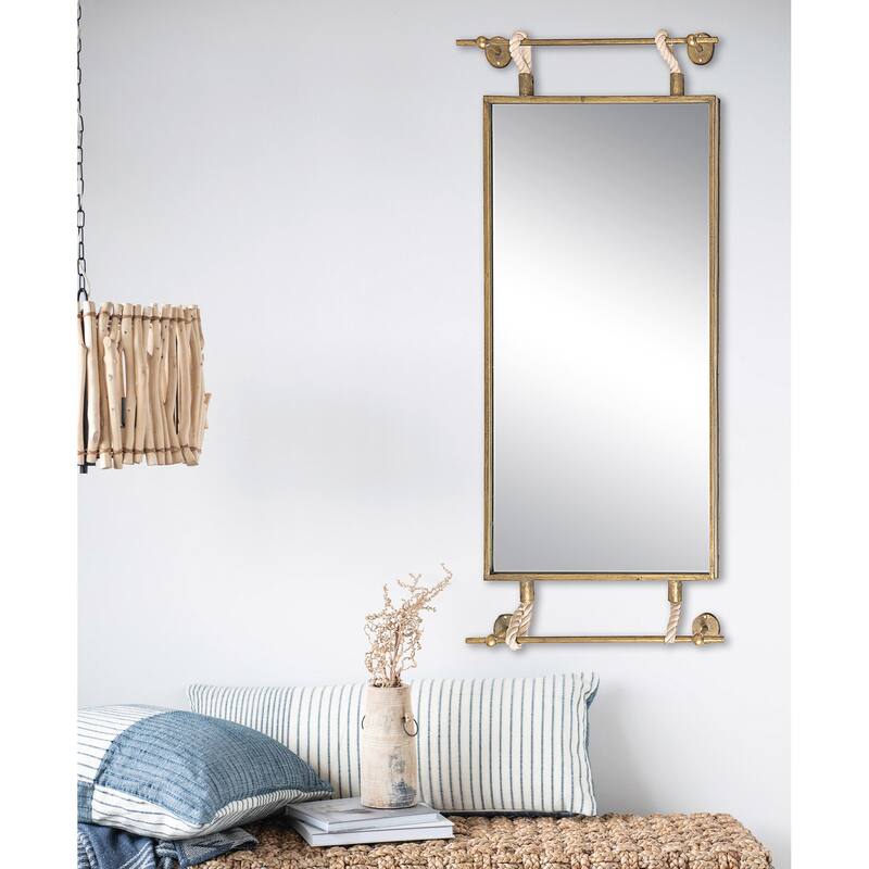 Metal Framed Wall Mirror with Rope Accents and Metal Brackets, Gold