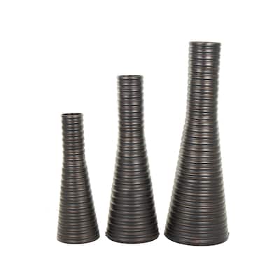 Metal Ribbed Tall Cone Floor Vase with Horizontal Grooves - Set of 3 Bronze - Roche River Decor - 18"W x 18"L x 56"H
