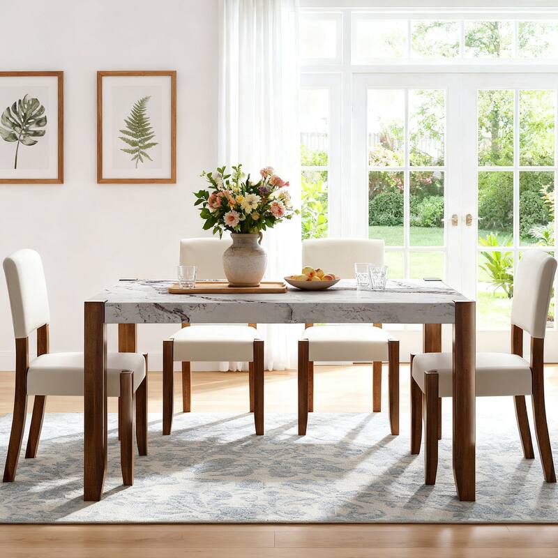 46.5" Modern Dining Table, Rectangular Faux Marble Style Table with Sturdy Wood Legs, Easy to Clean Rectangular Kitchen Table
