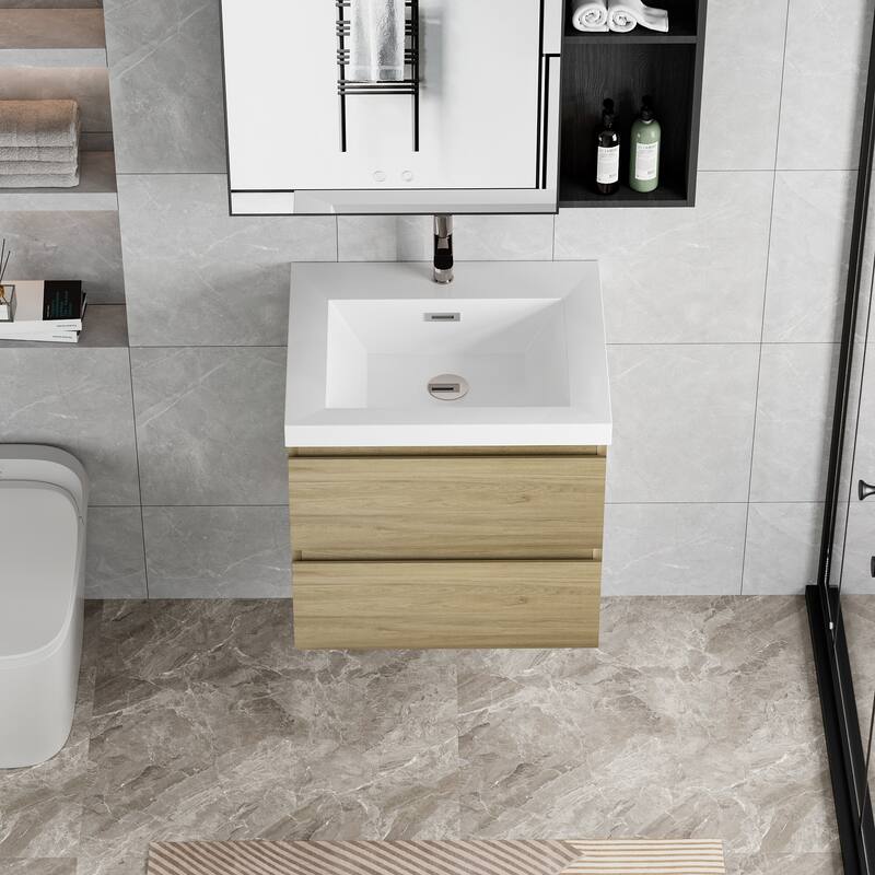 24" Wall-Mounted Floating Bathroom Vanity with Resin Sink, Soft Close Drawers, Natural Oak Cabinet, Pre-Assembled