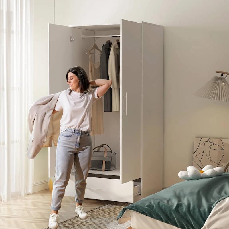 Modern White Armoire Wardrobe Closet with Storage Drawer and Hanging Rod - 66.9'' H X 31.5'' W X 18.9'' D