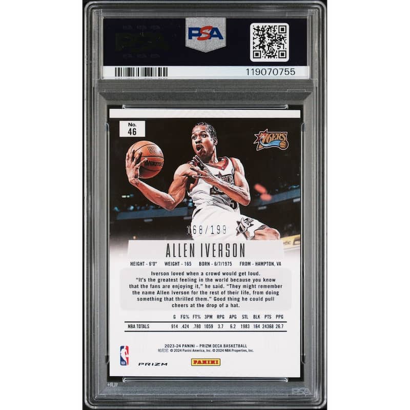 Allen Iverson 2023 Panini Prizm Deca Red Signed Basketball Card #46 Graded Authentic Auto PSA 168/199 Cert # 119070755