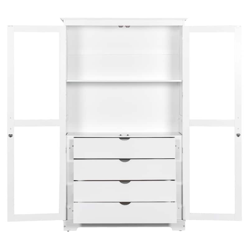 Pantry Cabinet with Glass Door, 2 Shelves & 4 Built-in Drawers, Kitchen Pantry Storage Cabinet, Freestanding Kitchen Cupboard