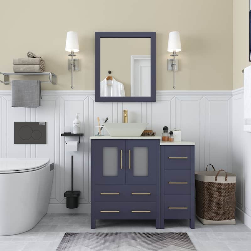 Vanity Art 36" Single Sink Bathroom Vanity Set with Engineered Marble Top and Free Mirror - 36 W X 18.5 D X 31.1 H - Blue