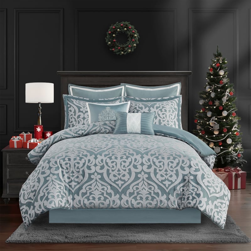 Madison Park Dillon 8 Piece Jacquard Comforter Set - Aqua/Silver - Queen