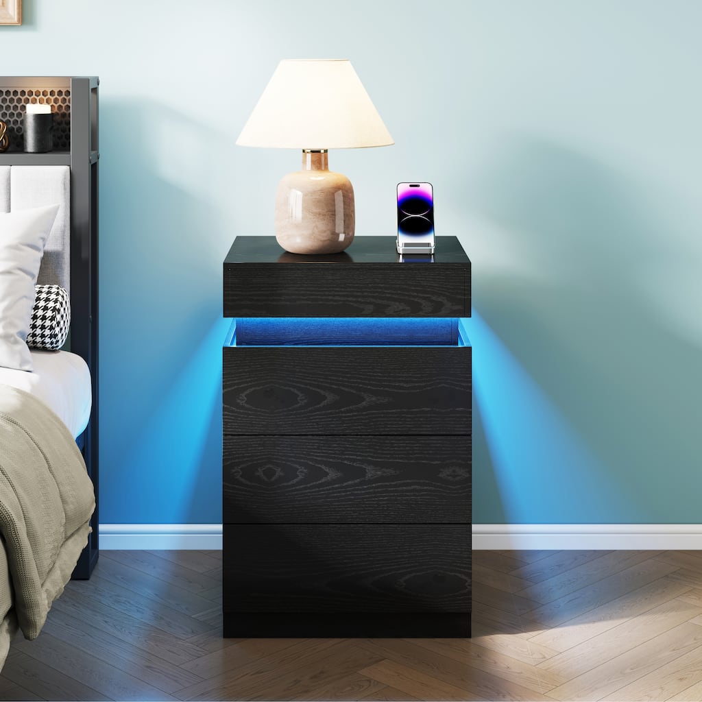 Nightstand with Built-In Charging Station and LED Lighting, 3-Drawer Sliding-Top Modern Bedside Table