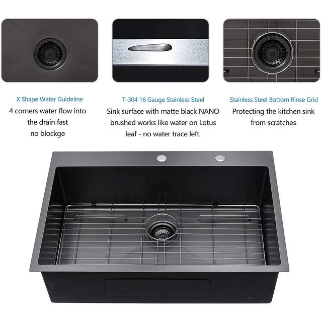 30x22 inch Kitchen Sink Drop In Gunmetal Matte Black