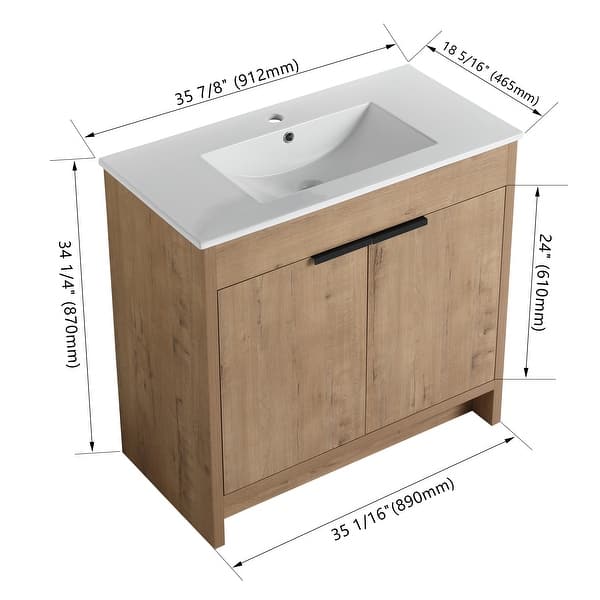 dimension image slide 3 of 9, BNK 24''/30''/36'' Bathroom Vanity With Sink, Freestanding Bathroom Vanity with 2 Soft Close Doors and 1 Shelf