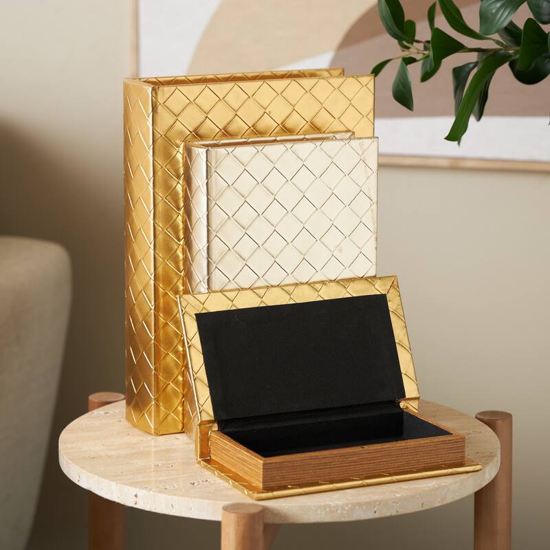 Faux Leather Geometric Metallic Textured Diamond Faux Book Storage Box - Set of 3 Gold - Roche River Decor